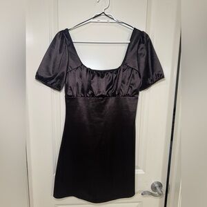 H&M Black Satin Puff-Sleeve Midi Dress